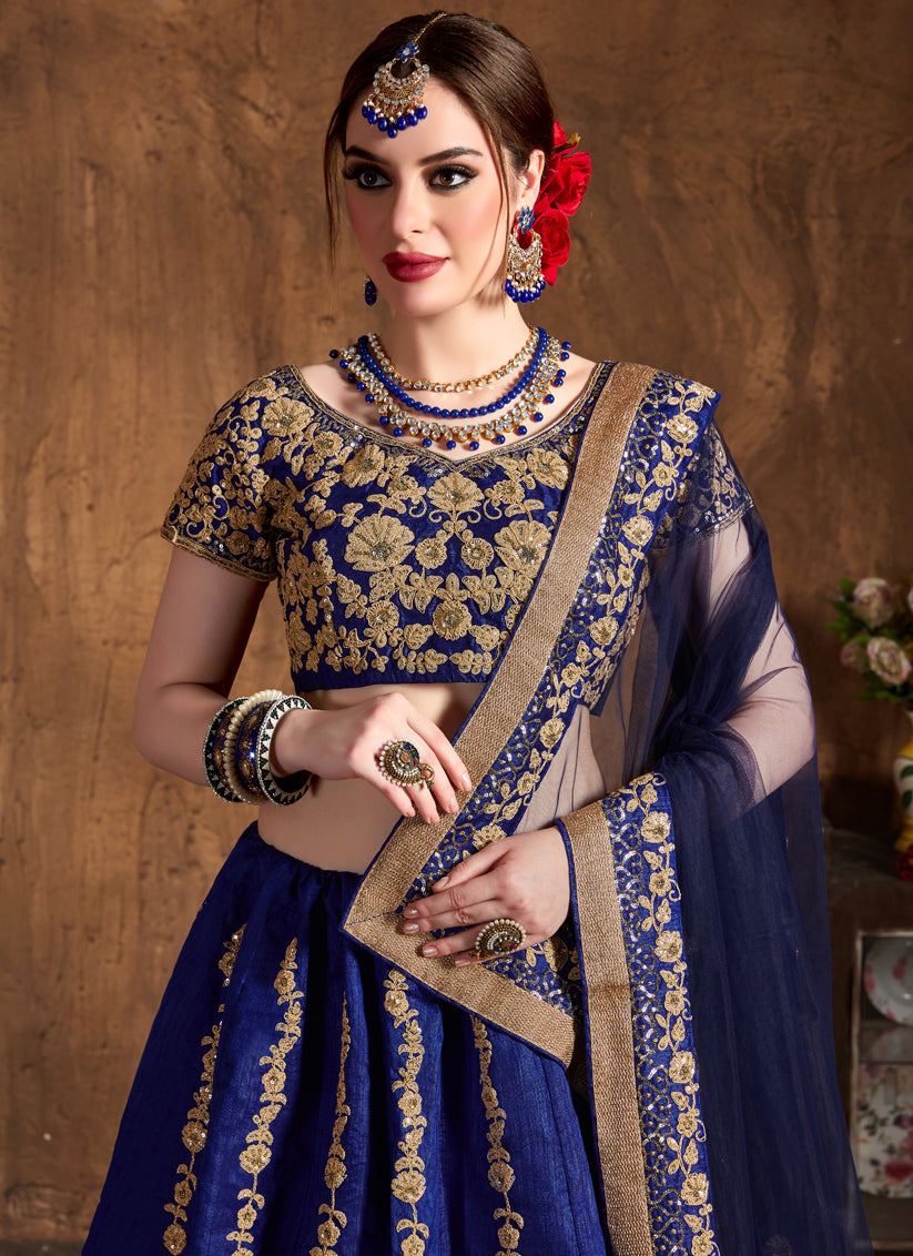 Beautiful Navy Blue Raw Silk Embroidered Designer Lehenga Choli