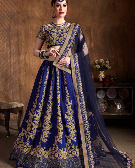 Beautiful Navy Blue Raw Silk Embroidered Designer Lehenga Choli