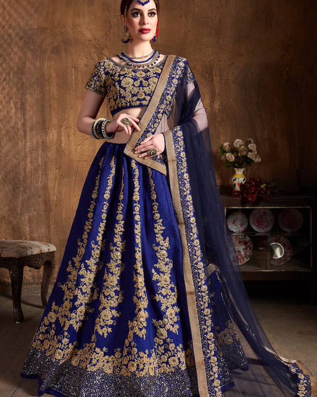 Beautiful Navy Blue Raw Silk Embroidered Designer Lehenga Choli