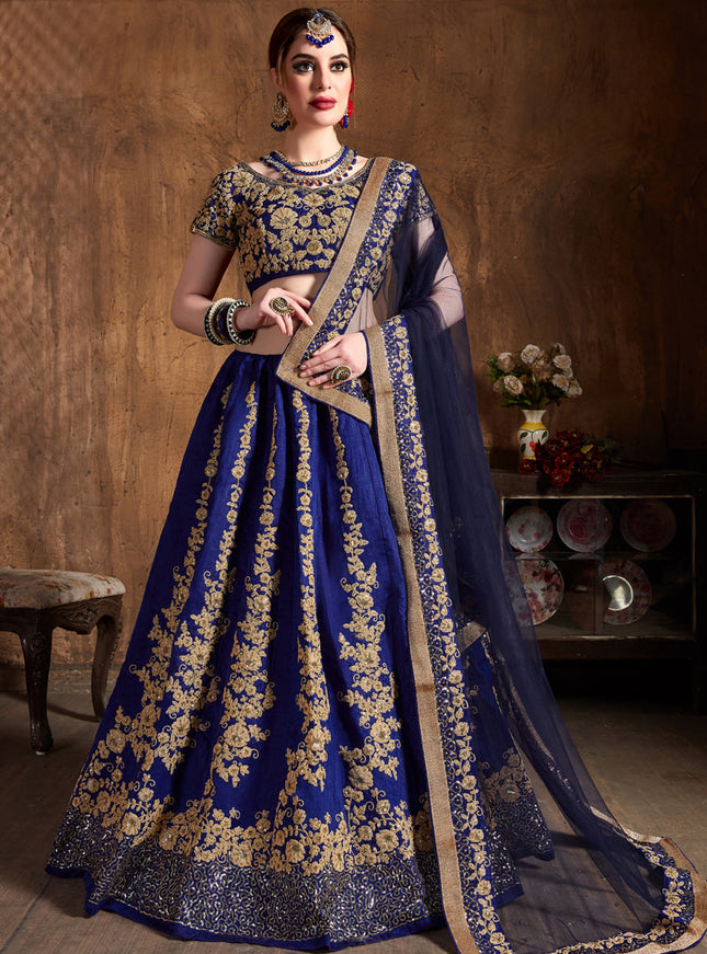 Beautiful Navy Blue Raw Silk Embroidered Designer Lehenga Choli
