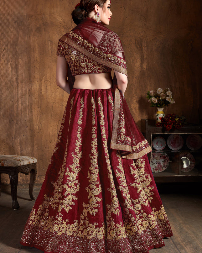 Voguish Maroon Raw Silk Embroidered Designer Lehenga Choli