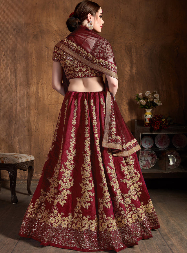 Voguish Maroon Raw Silk Embroidered Designer Lehenga Choli
