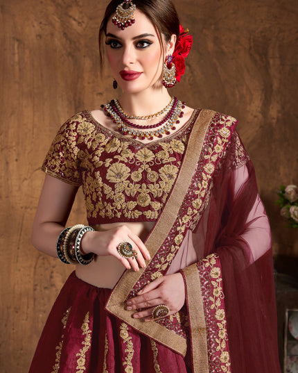 Voguish Maroon Raw Silk Embroidered Designer Lehenga Choli