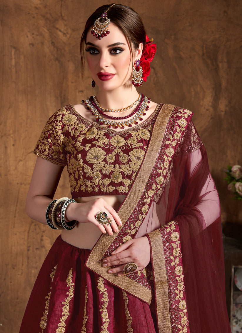 Voguish Maroon Raw Silk Embroidered Designer Lehenga Choli