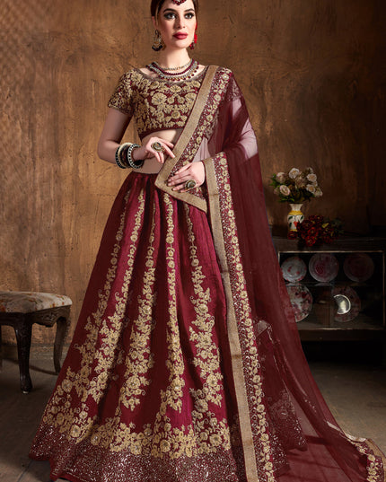 Voguish Maroon Raw Silk Embroidered Designer Lehenga Choli