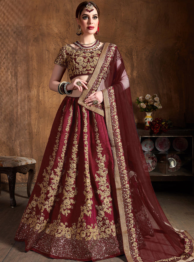 Voguish Maroon Raw Silk Embroidered Designer Lehenga Choli