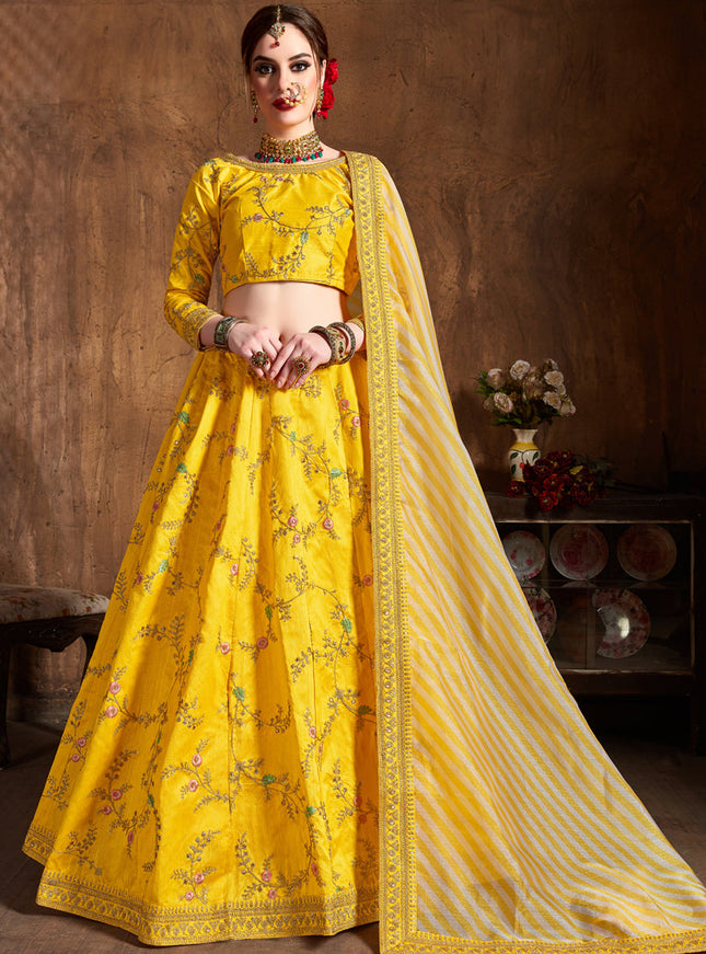 Opulent Yellow Mulberry Silk Embroidered Designer Lehenga Choli