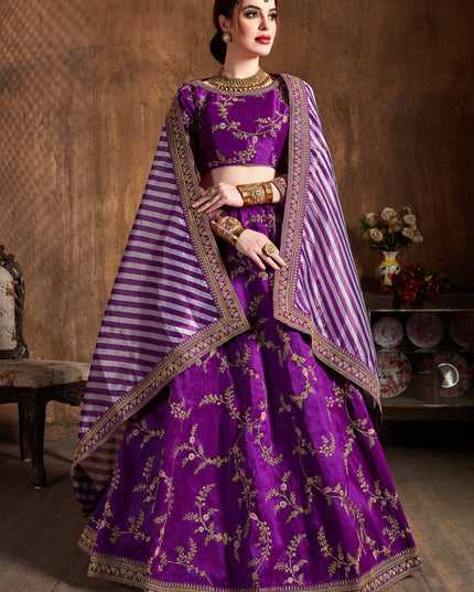 Striking Purple Mulberry Silk Embroidered Designer Lehenga Choli