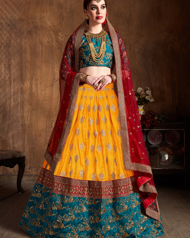 Flawless Yellow Banarasi Silk Embroidered Designer Lehenga Choli