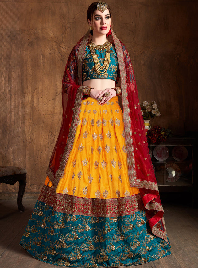 Flawless Yellow Banarasi Silk Embroidered Designer Lehenga Choli