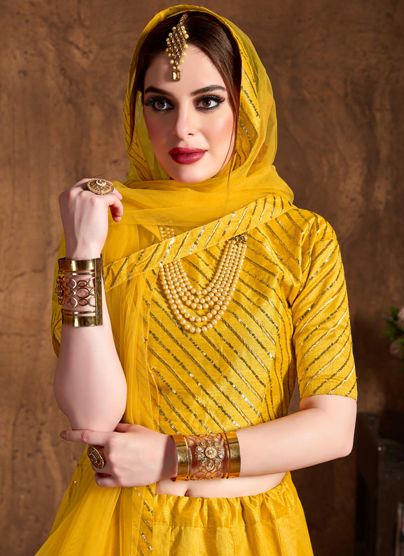 Spectacular Yellow Art Silk Embroidered Designer Lehenga Choli