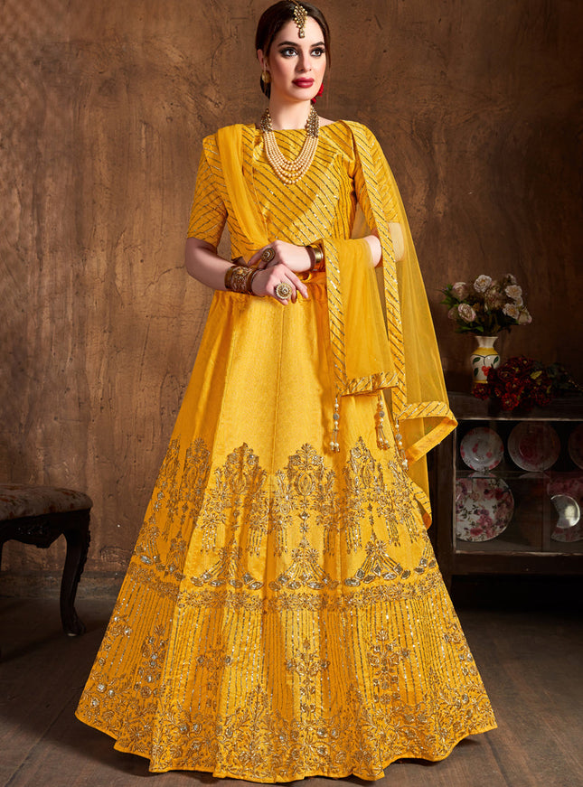 Spectacular Yellow Art Silk Embroidered Designer Lehenga Choli