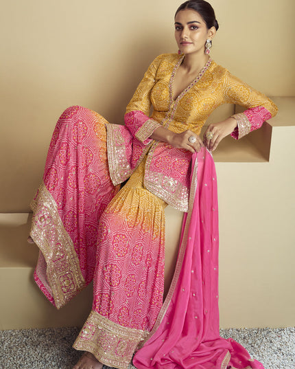 Rani Pink and Mustard Chinnon Embroidered Designer Sharara Kameez