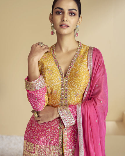 Rani Pink and Mustard Chinnon Embroidered Designer Sharara Kameez