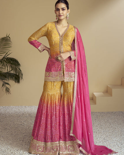 Rani Pink and Mustard Chinnon Embroidered Designer Sharara Kameez