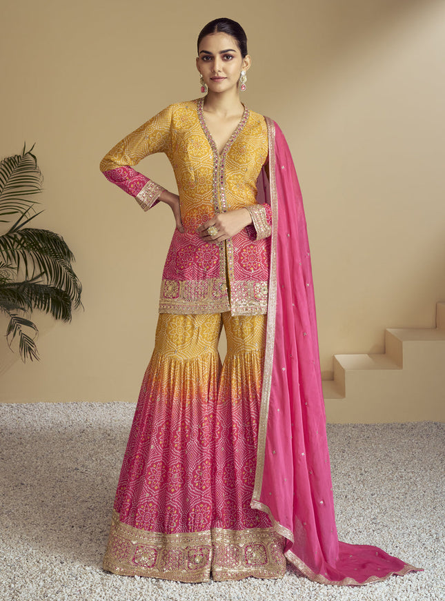 Rani Pink and Mustard Chinnon Embroidered Designer Sharara Kameez