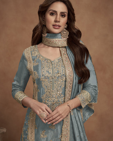 Steel Grey Shimmer Silk Designer Palazzo Kameez