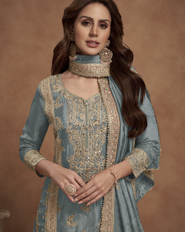 Steel Grey Shimmer Silk Designer Palazzo Kameez