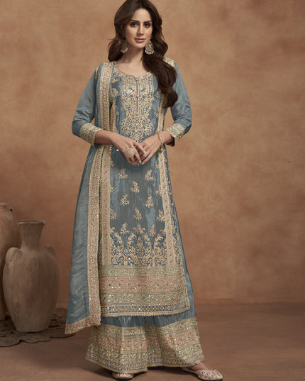 Steel Grey Shimmer Silk Designer Palazzo Kameez