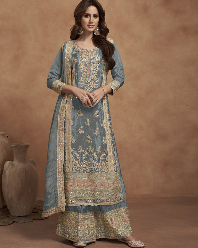 Steel Grey Shimmer Silk Designer Palazzo Kameez