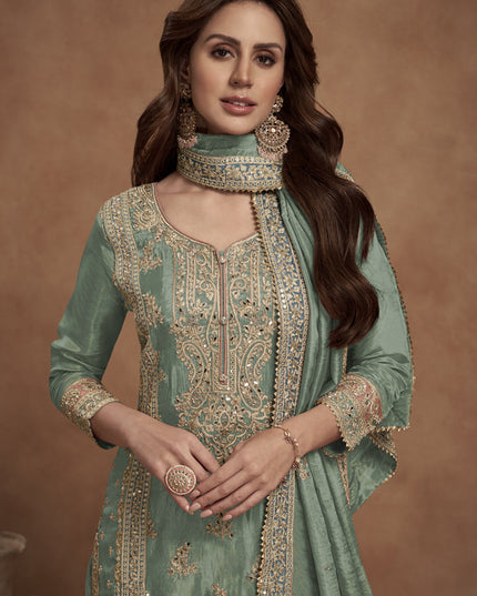 Sage Green Shimmer Silk Designer Palazzo Kameez