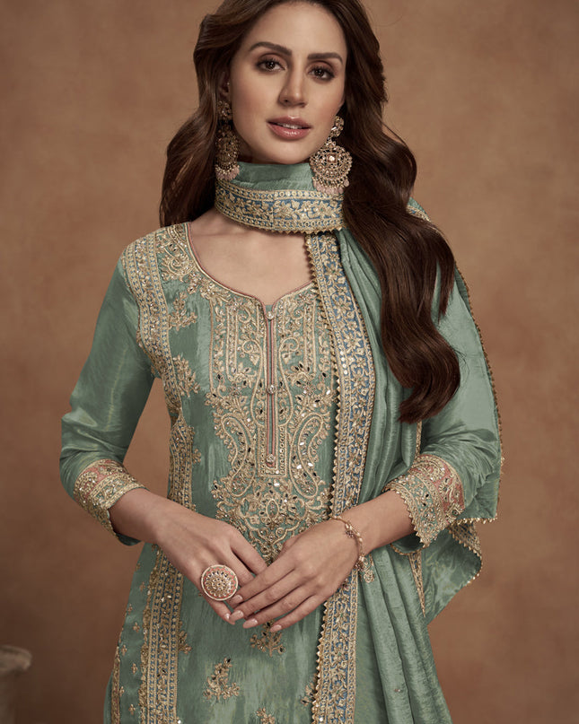 Sage Green Shimmer Silk Designer Palazzo Kameez