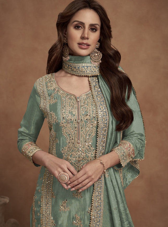 Sage Green Shimmer Silk Designer Palazzo Kameez