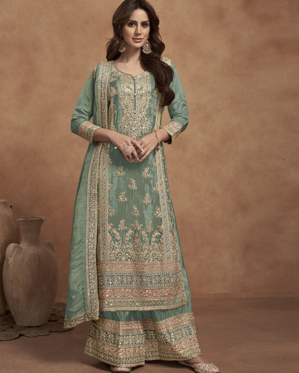 Sage Green Shimmer Silk Designer Palazzo Kameez