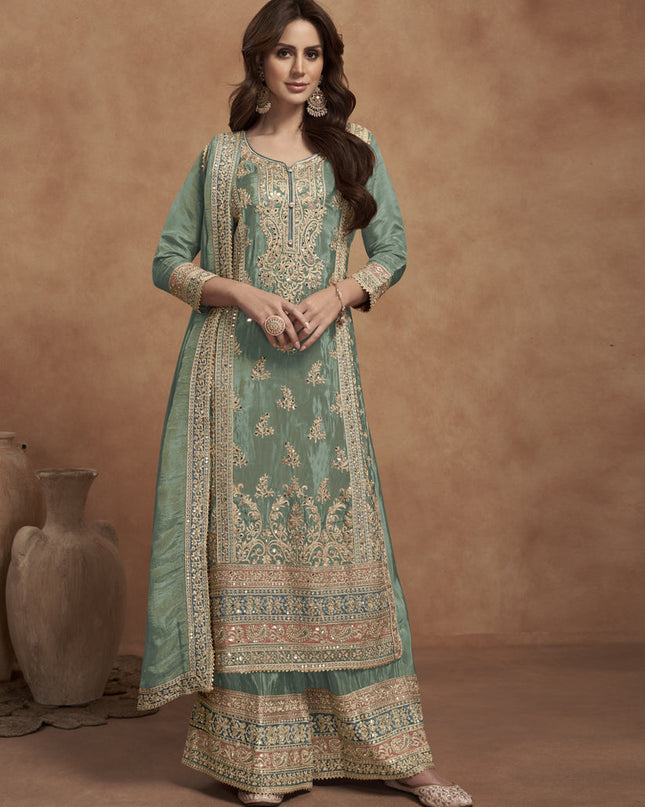 Sage Green Shimmer Silk Designer Palazzo Kameez