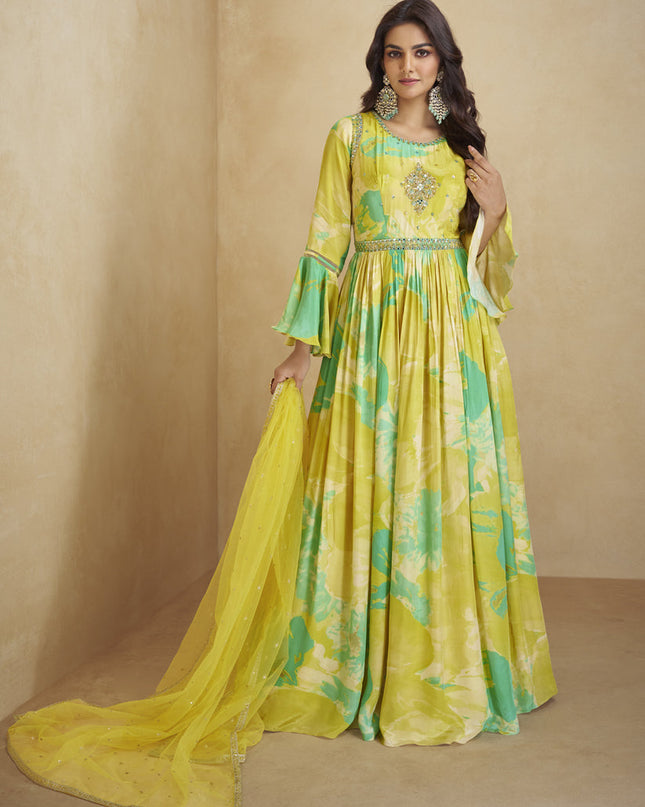 Lemon Yellow Chinnon Anarkali Gown with Dupatta