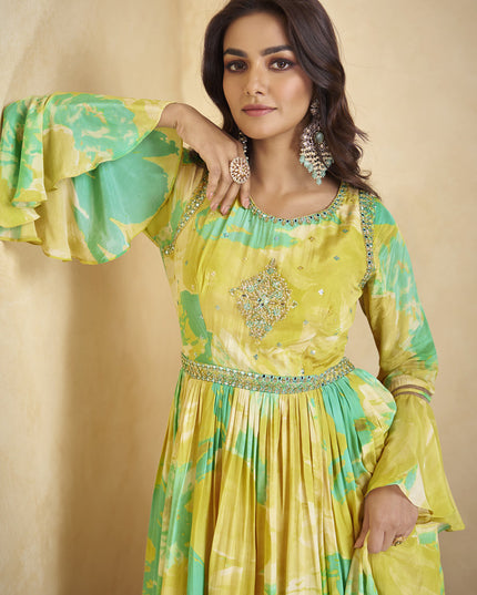 Lemon Yellow Chinnon Anarkali Gown with Dupatta