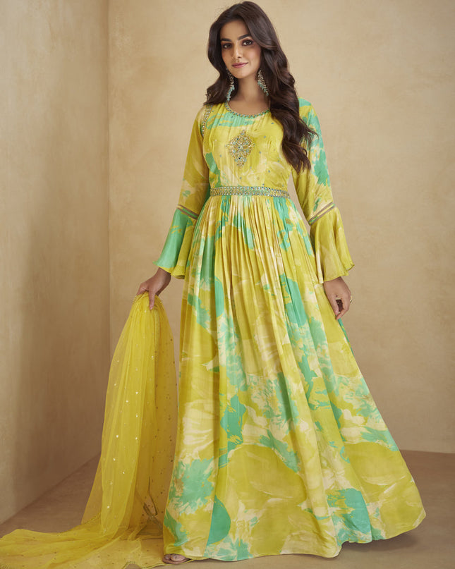 Lemon Yellow Chinnon Anarkali Gown with Dupatta