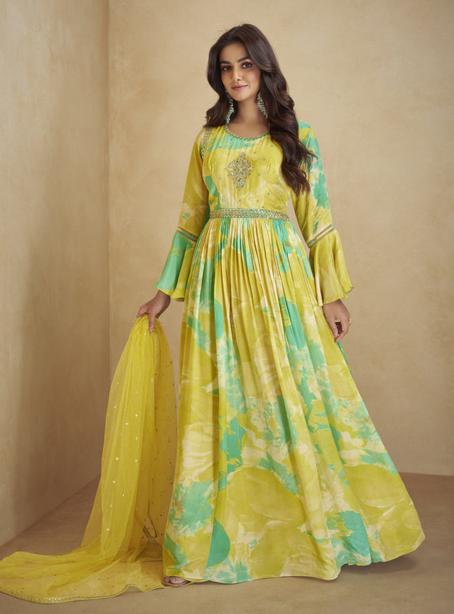 Lemon Yellow Chinnon Anarkali Gown with Dupatta