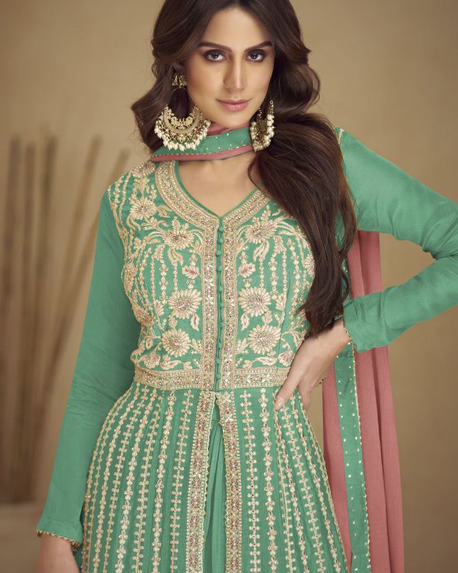 Sea Green Chinnon Embroidered Designer Lehenga Kameez
