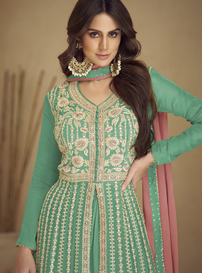 Sea Green Chinnon Embroidered Designer Lehenga Kameez