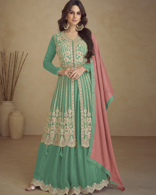 Sea Green Chinnon Embroidered Designer Lehenga Kameez