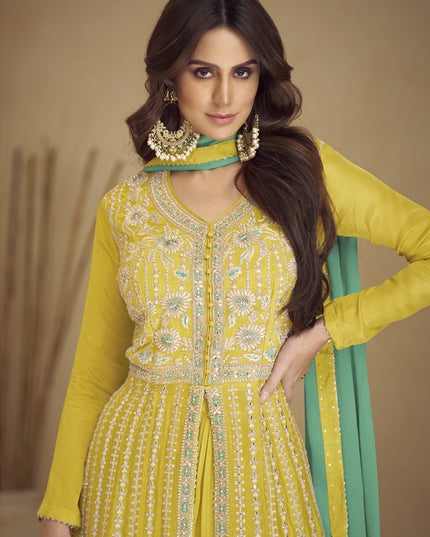 Lime Yellow Chinnon Embroidered Designer Lehenga Kameez