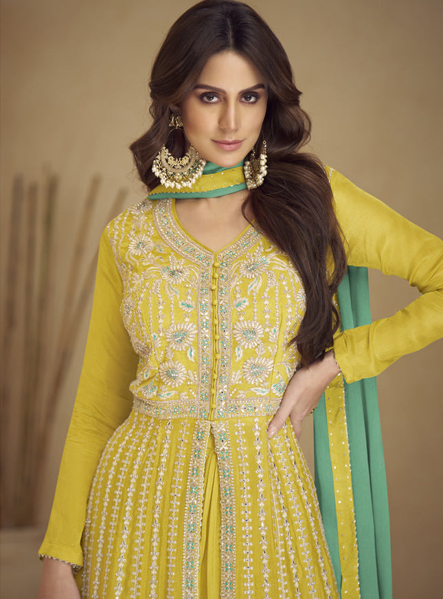 Lime Yellow Chinnon Embroidered Designer Lehenga Kameez