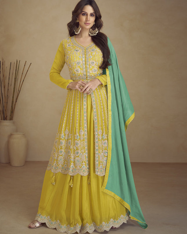 Lime Yellow Chinnon Embroidered Designer Lehenga Kameez