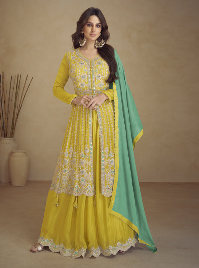 Lime Yellow Chinnon Embroidered Designer Lehenga Kameez
