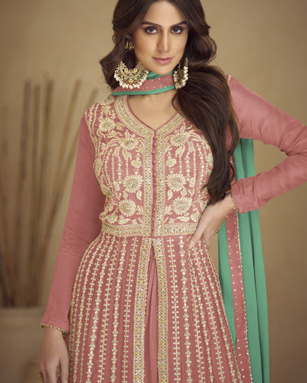 Dusty Pink Chinnon Embroidered Designer Lehenga Kameez