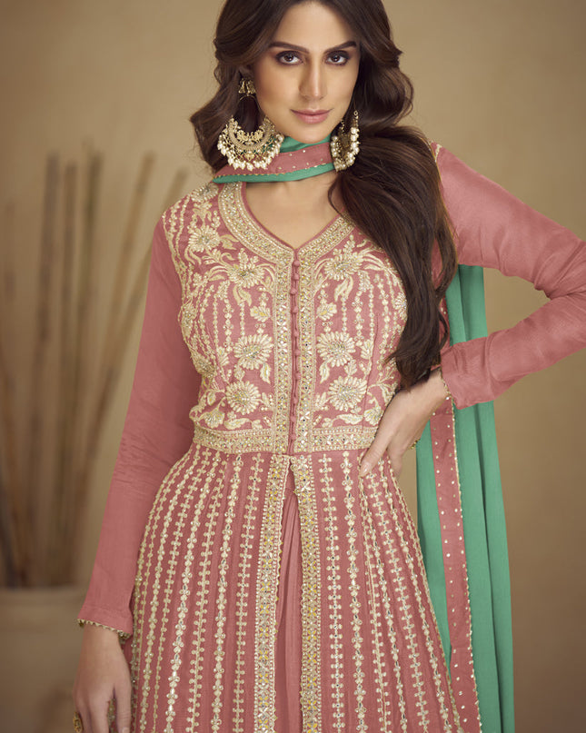 Dusty Pink Chinnon Embroidered Designer Lehenga Kameez