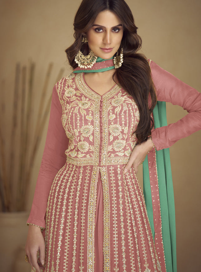 Dusty Pink Chinnon Embroidered Designer Lehenga Kameez