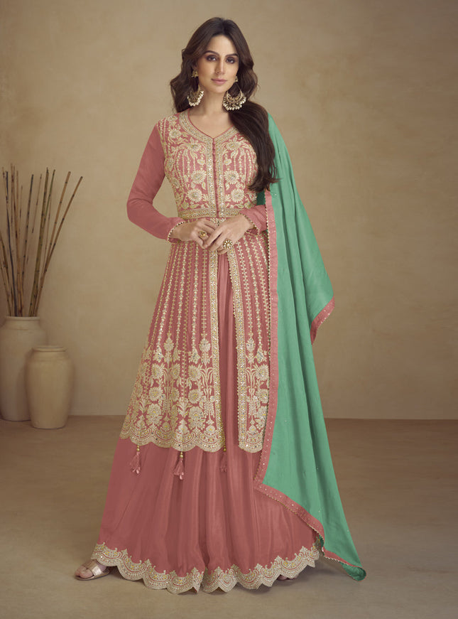 Dusty Pink Chinnon Embroidered Designer Lehenga Kameez