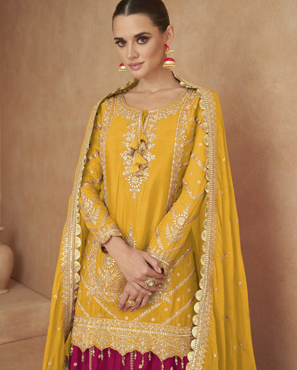 Golden Yellow Chinnon Designer Lehenga Suit