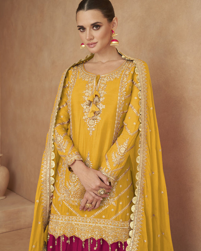 Golden Yellow Chinnon Designer Lehenga Suit