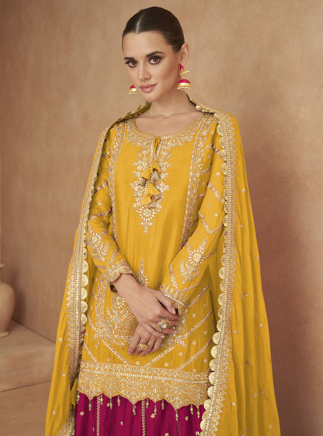 Golden Yellow Chinnon Designer Lehenga Suit