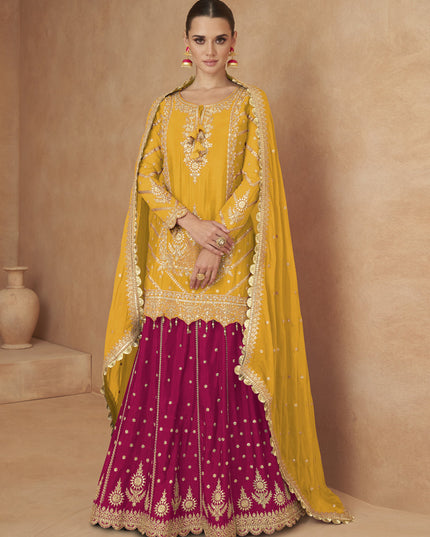 Golden Yellow Chinnon Designer Lehenga Suit