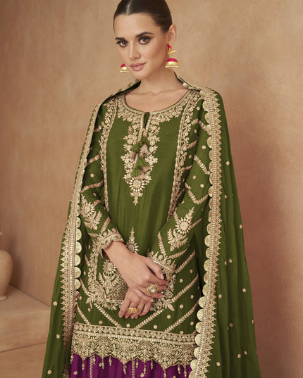 Mahendi Green Chinnon Designer Lehenga Suit