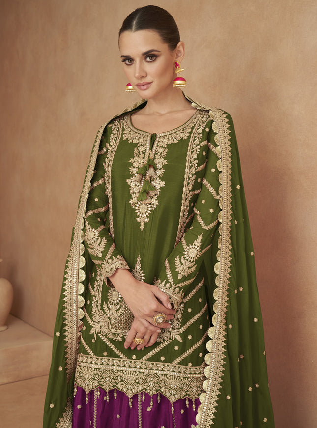 Mahendi Green Chinnon Designer Lehenga Suit